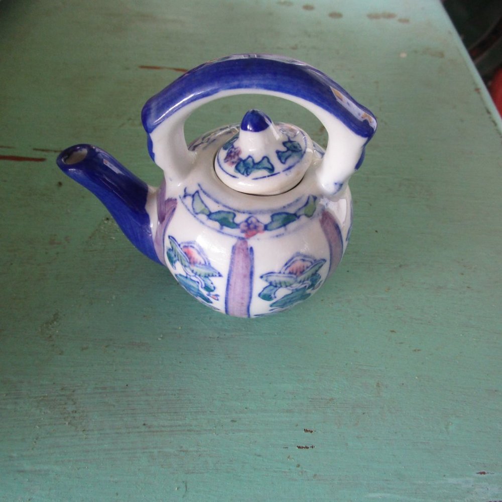 Vintage Signed Ben Rickert Miniature Decorative Teapot Blue Brown Striped 3 1/4"